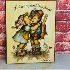 Vintage Evans Boy and Girl  Hummel Figures Friendship Wooden Wall Plaque